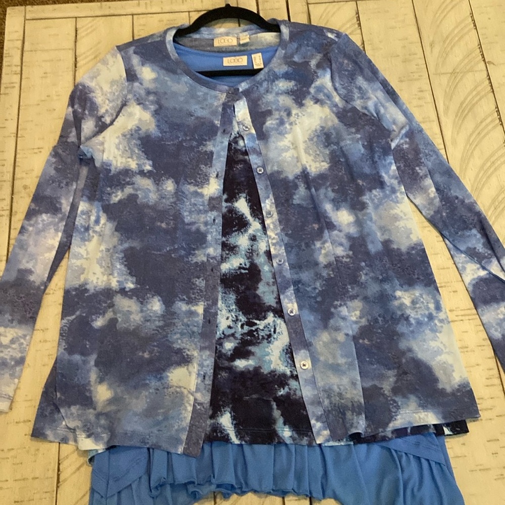 LOGO by Lori Goldstein TIe Dye 3 Piece Set 2 Tanks & Cardigan Twilight Blue M